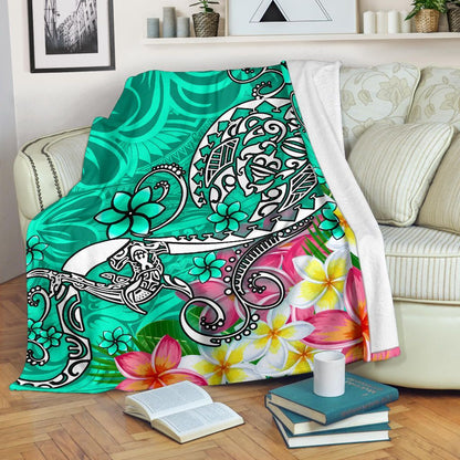 Polynesian Premium Blanket - Turtle Plumeria Turquoise Color-Myprintsy