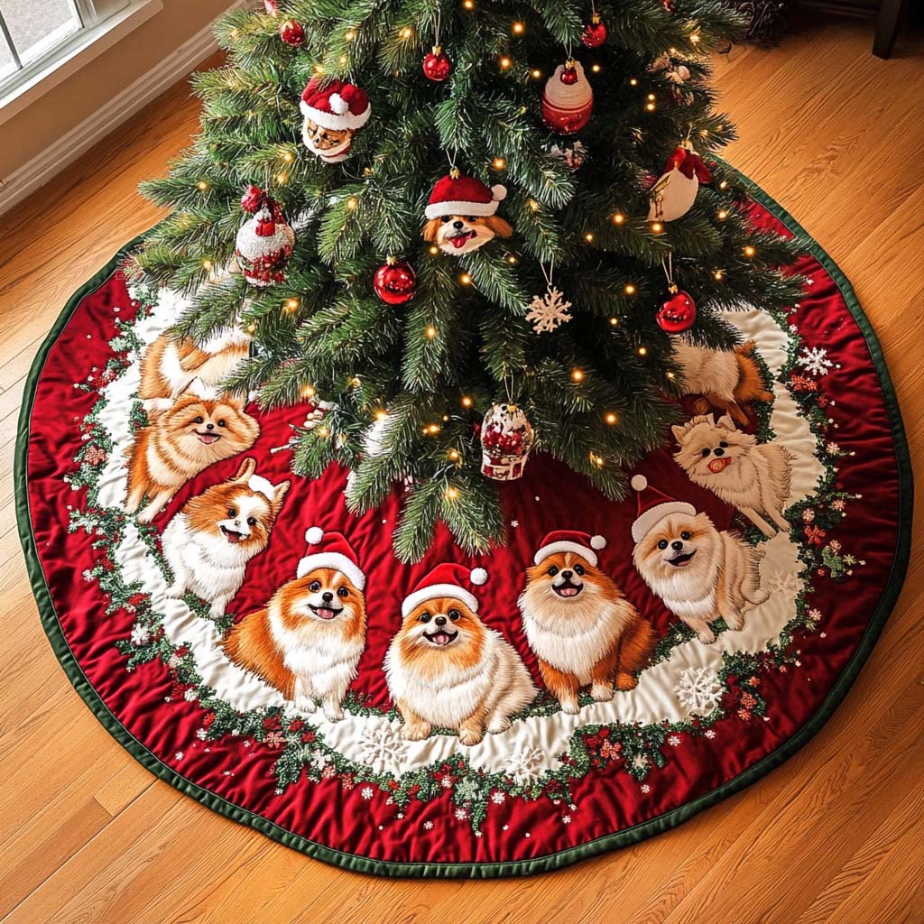 Pomeranian Delight Christmas Quilted Tree Skirt-Myprintsy