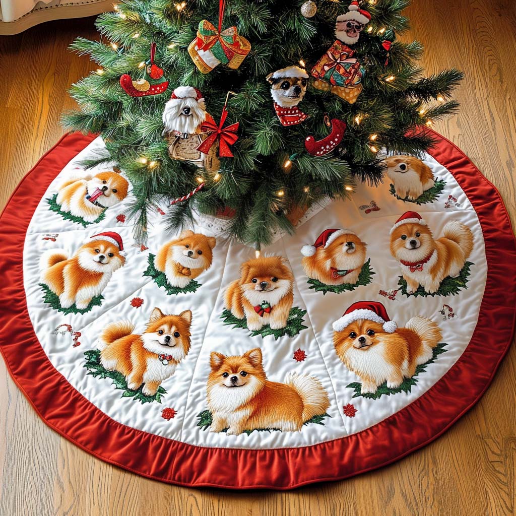 Pomeranian Joy Christmas Quilted Tree Skirt-Myprintsy