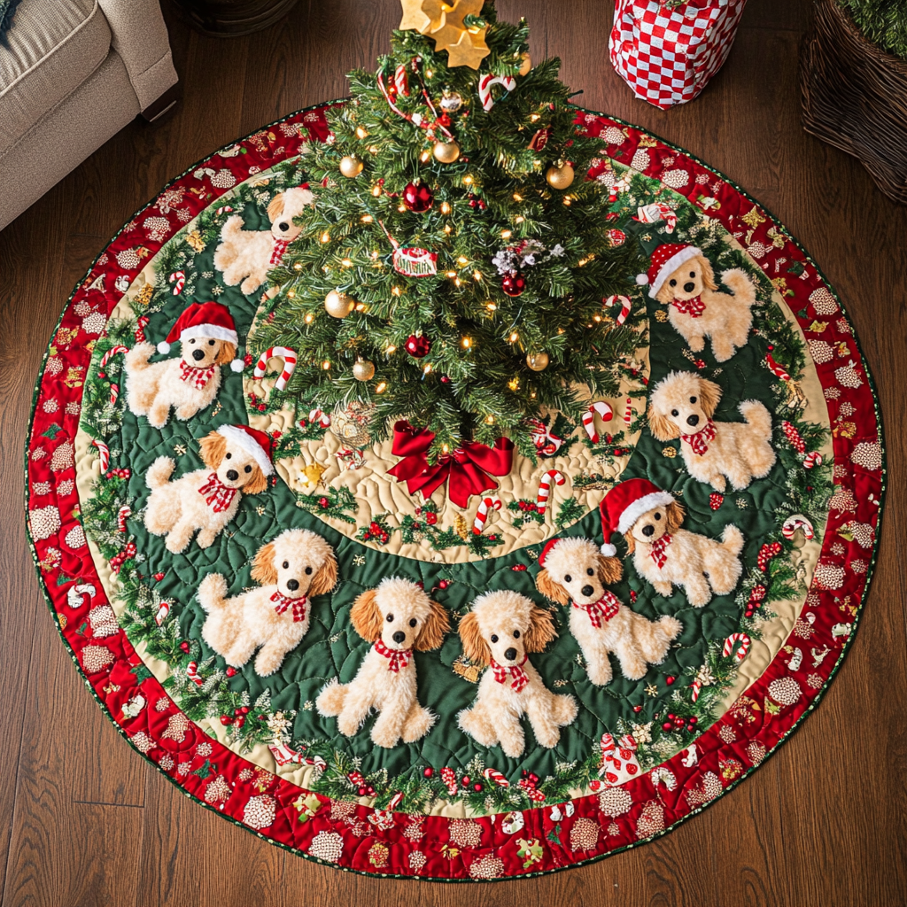 Poodle Holiday Joy Christmas Quilted Tree Skirt-Myprintsy