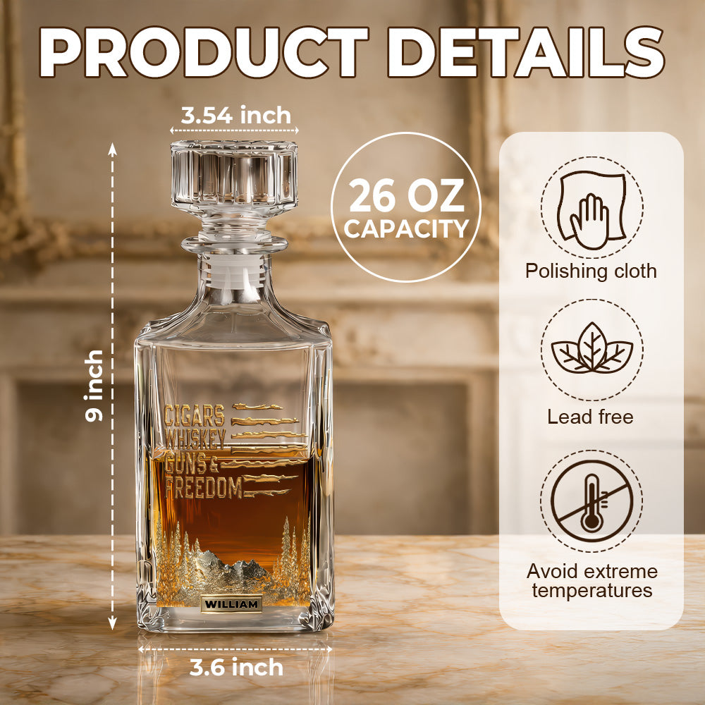 Cigars, Whiskey, Guns & Freedom - Gift For Family Members, Friends, Coworkers - Personalized Combo Whiskey Glass + Decanter
