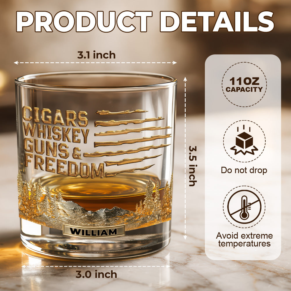 Cigars, Whiskey, Guns & Freedom - Gift For Family Members, Friends, Coworkers - Personalized Combo Whiskey Glass + Decanter