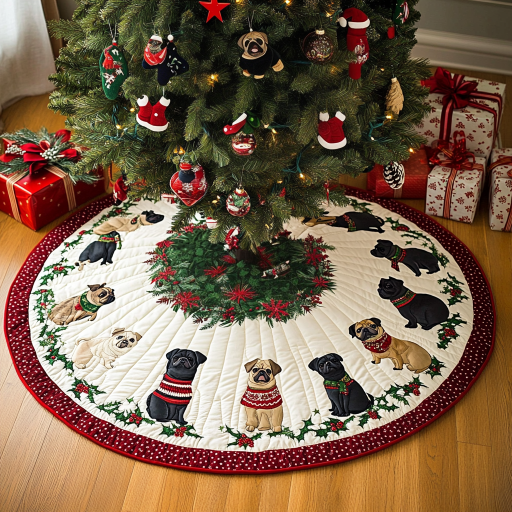 Pug Holiday Joy Christmas Quilted Tree Skirt VTQ-Myprintsy