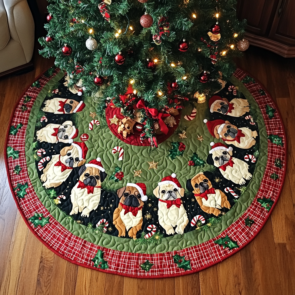 Pug Holiday Spirit Christmas Quilted Tree Skirt VTQ-Myprintsy