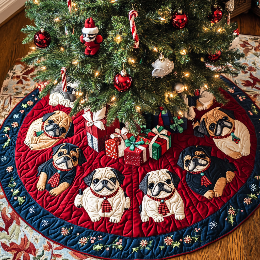 Pug Noel Night Christmas Quilted Tree Skirt-Myprintsy