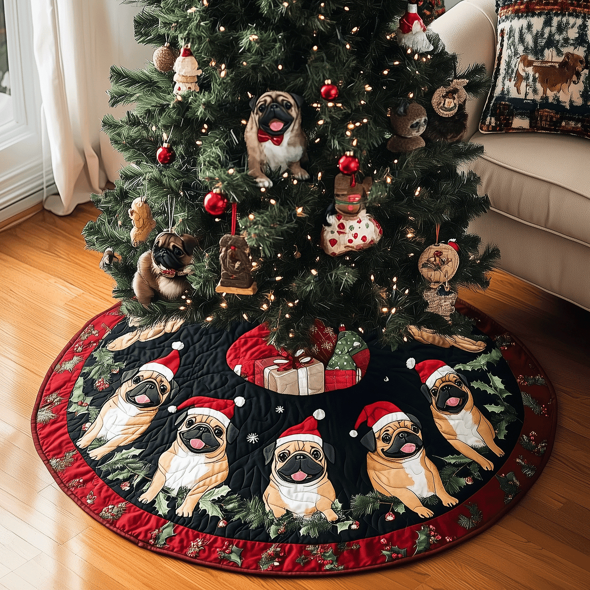 Pug Paws Christmas Quilted Christmas Tree Skirt-Myprintsy