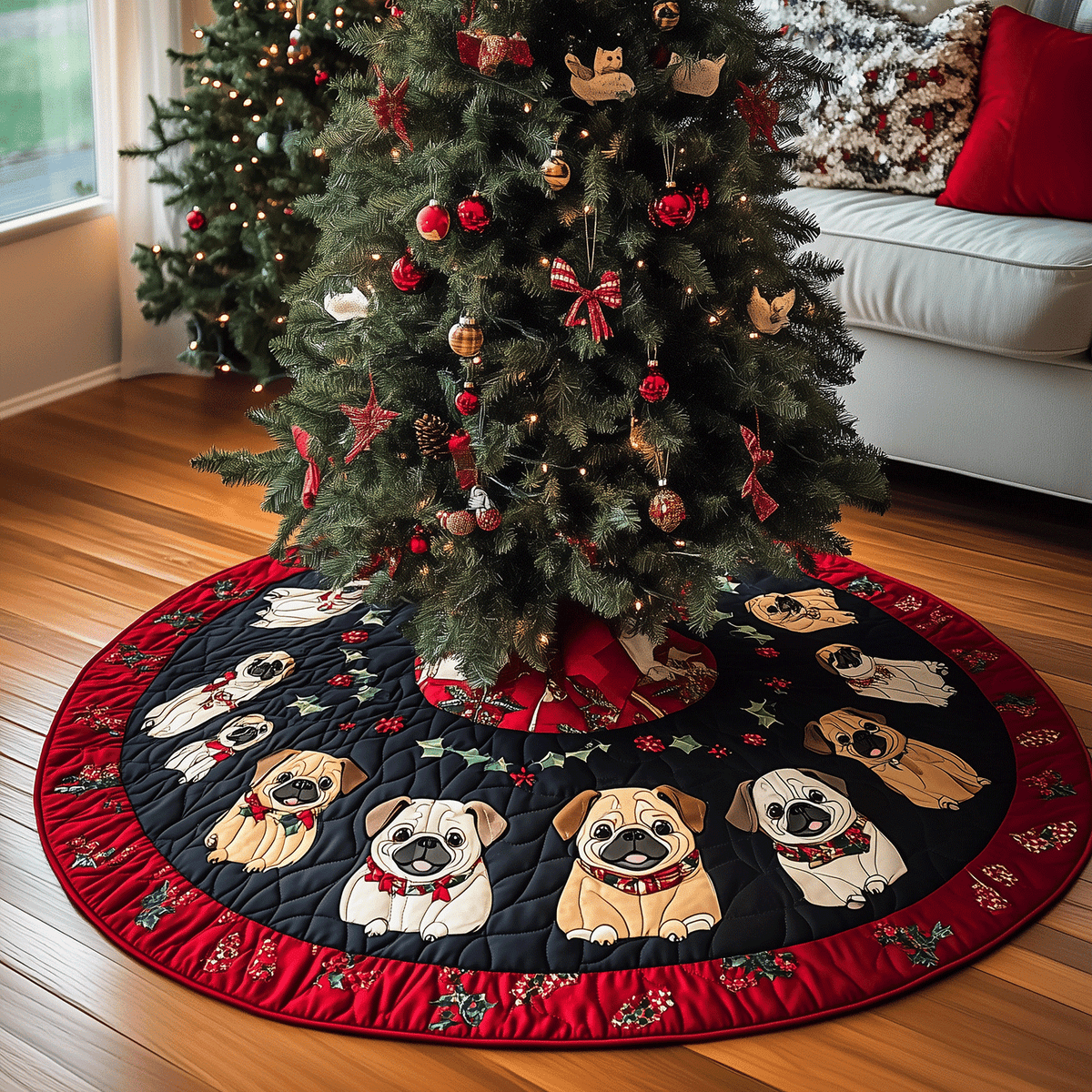 Puggy Christmas Fun Quilted Christmas Tree Skirt-Myprintsy