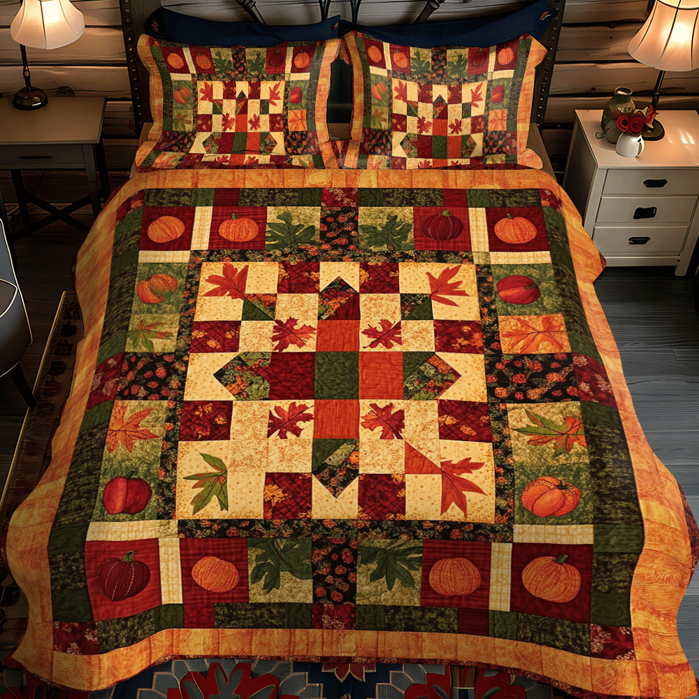 Pumpkin Patchwork Fall -Piece Quilted Bedding Set PD VTQ-Myprintsy