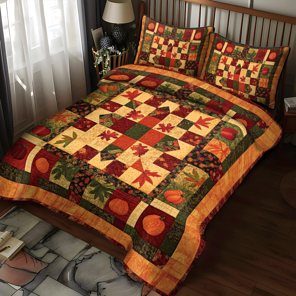 Pumpkin Patchwork Fall -Piece Quilted Bedding Set PD VTQ-Myprintsy
