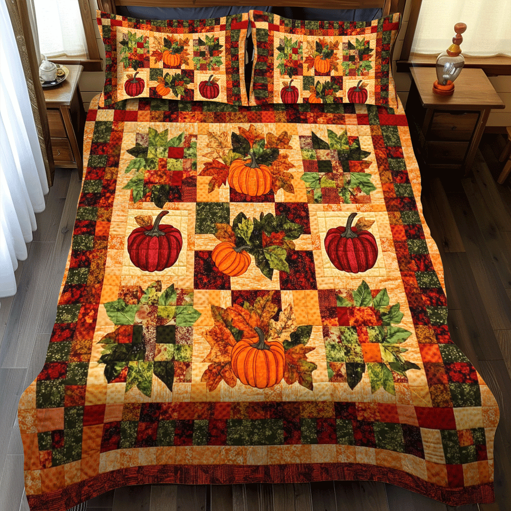 Pumpkin Patterned Thanksgiving -Piece Quilted Bedding Set PD VTQ-Myprintsy