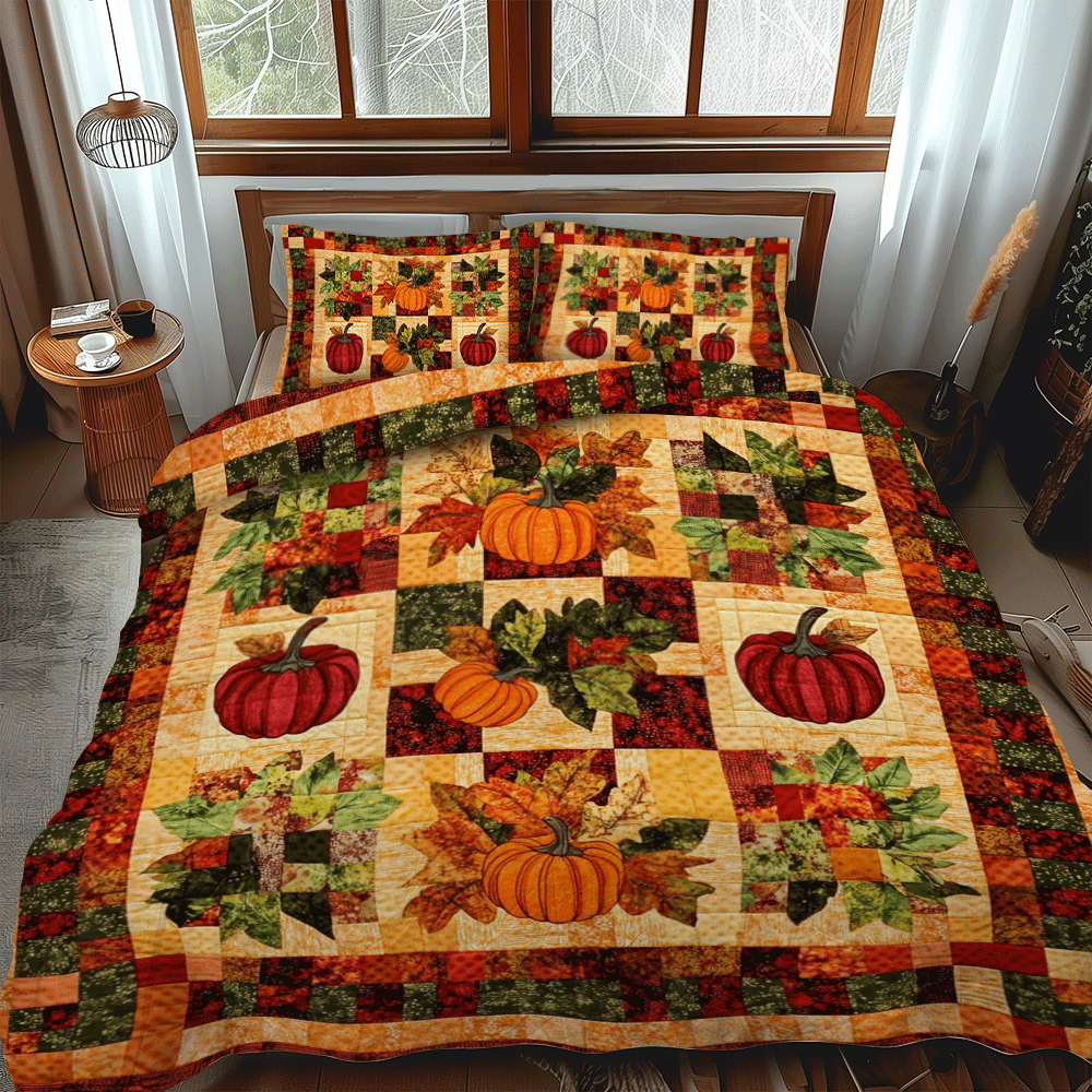 Pumpkin Patterned Thanksgiving -Piece Quilted Bedding Set PD VTQ-Myprintsy