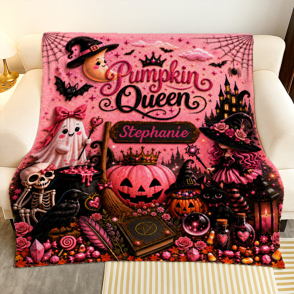 Pumpkin Queen - Personalized Pink Halloween Blanket - Gift For Halloween-Myprintsy