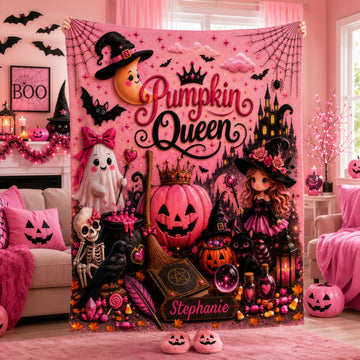 Pumpkin Queen - Personalized Pink Halloween Blanket - Gift For Halloween-Myprintsy