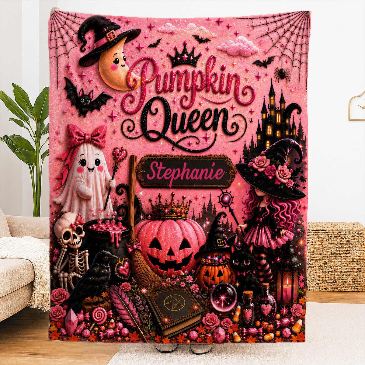 Pumpkin Queen - Personalized Pink Halloween Blanket - Gift For Halloween-Myprintsy