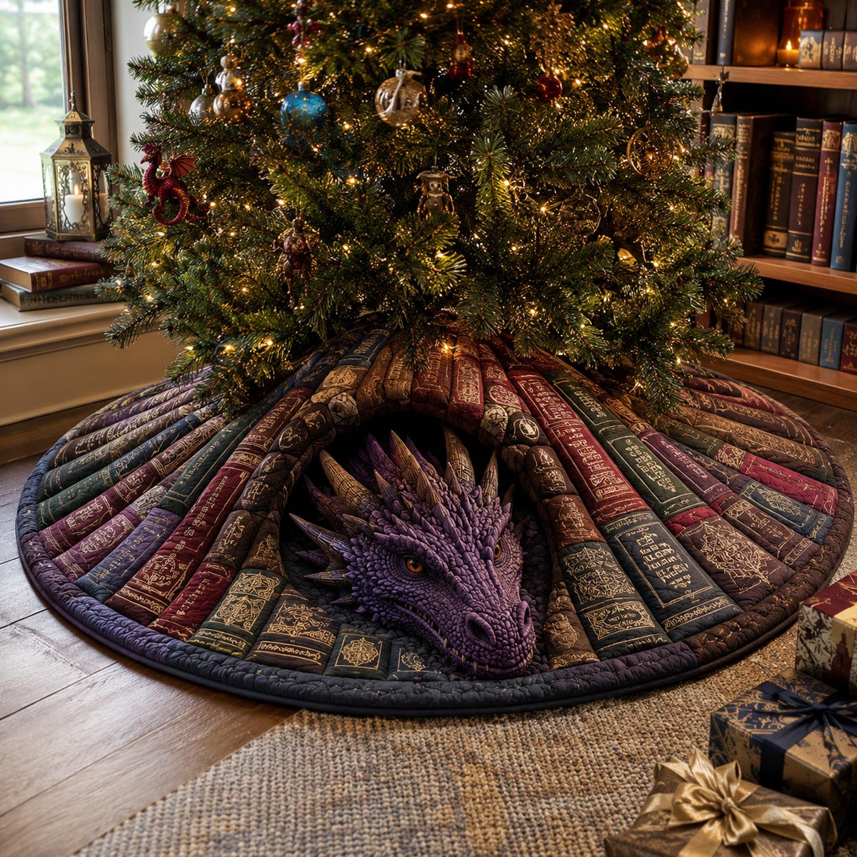 Purple Library Dragon Christmas Quilted Tree Skirt VTQ-Myprintsy