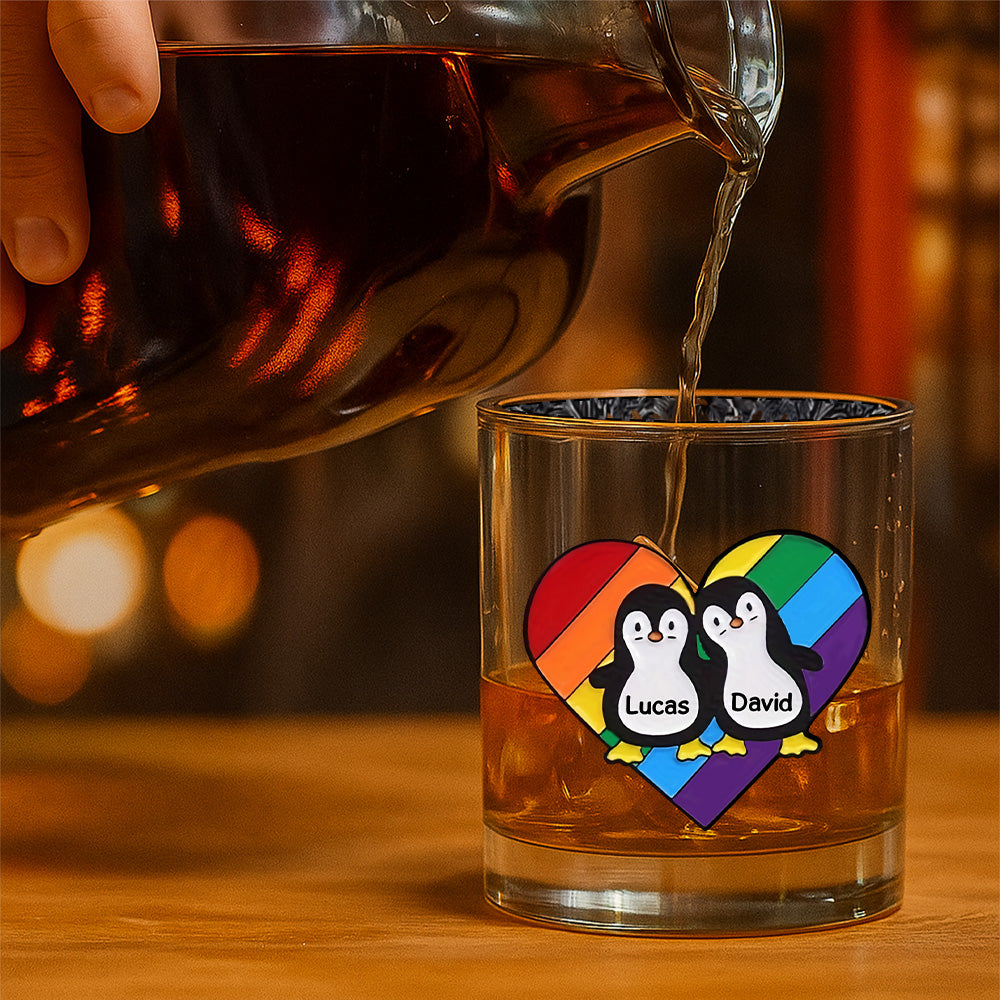 Rainbow Heart Pride Penguins - Personalized Whiskey Glass-Myprintsy