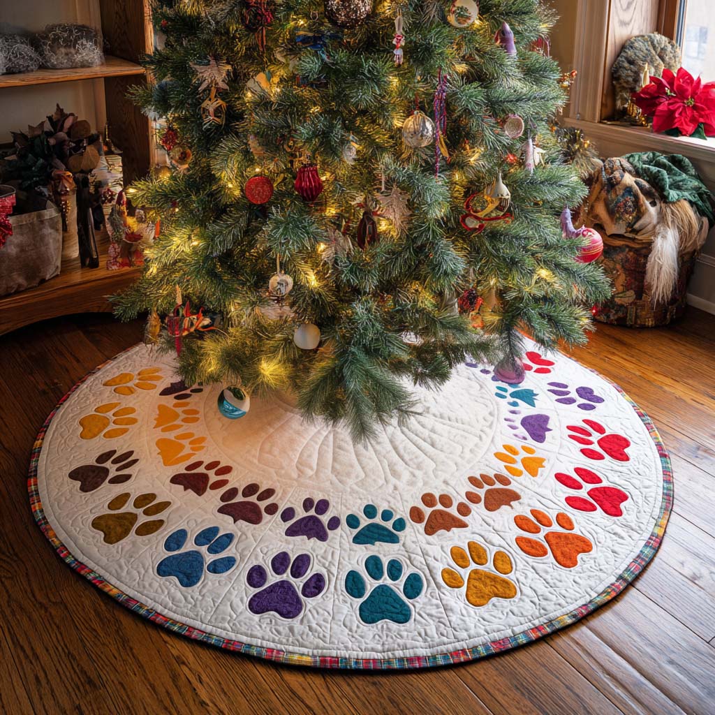 Rainbow Paws Christmas Quilted Tree Skirt-Myprintsy