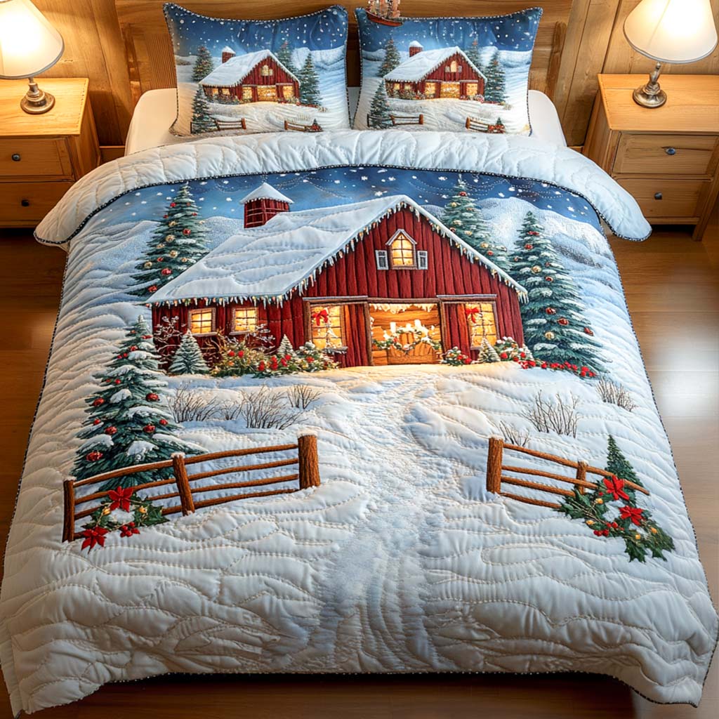 Red Barn Christmas Eve -Piece Quilted Bedding Set VTQ-Myprintsy