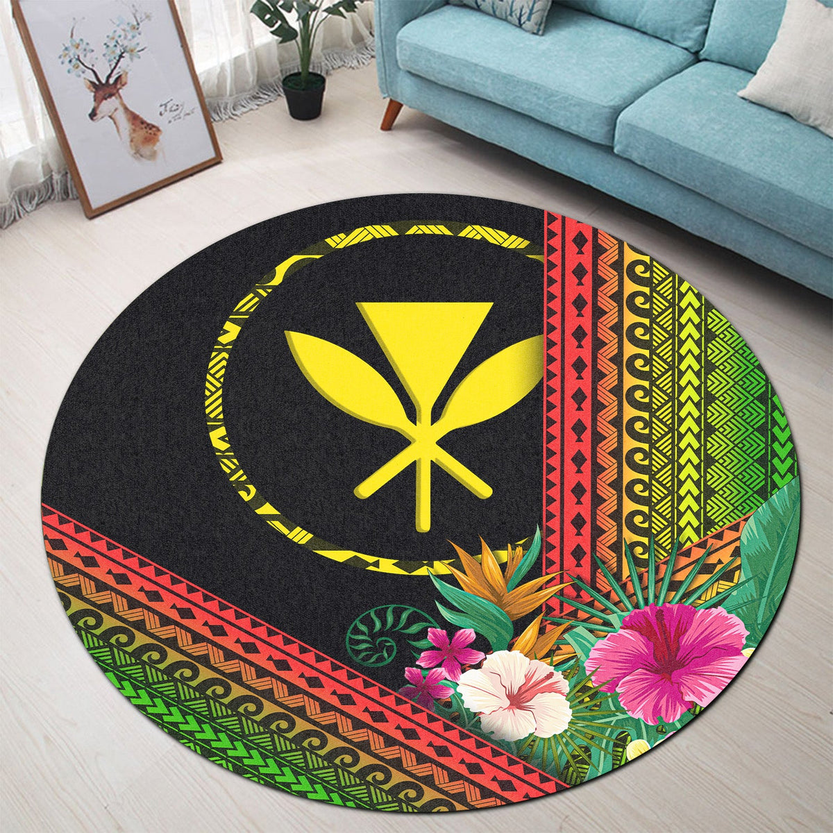 Hawaii Round Rug Turtle Polynesian Pattern Reggae Color