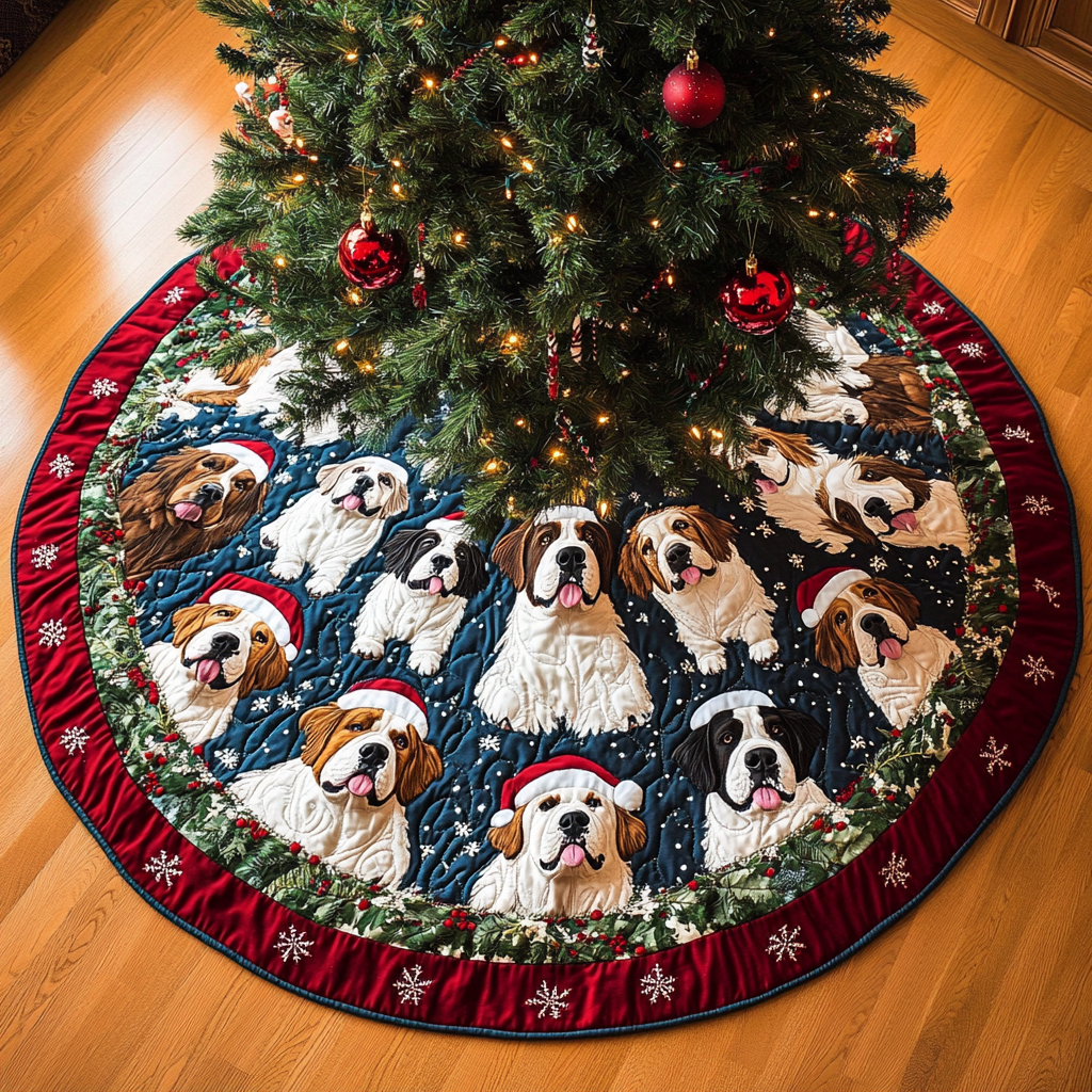 Saint Bernard Christmas Joy Christmas Quilted Tree Skirt-Myprintsy