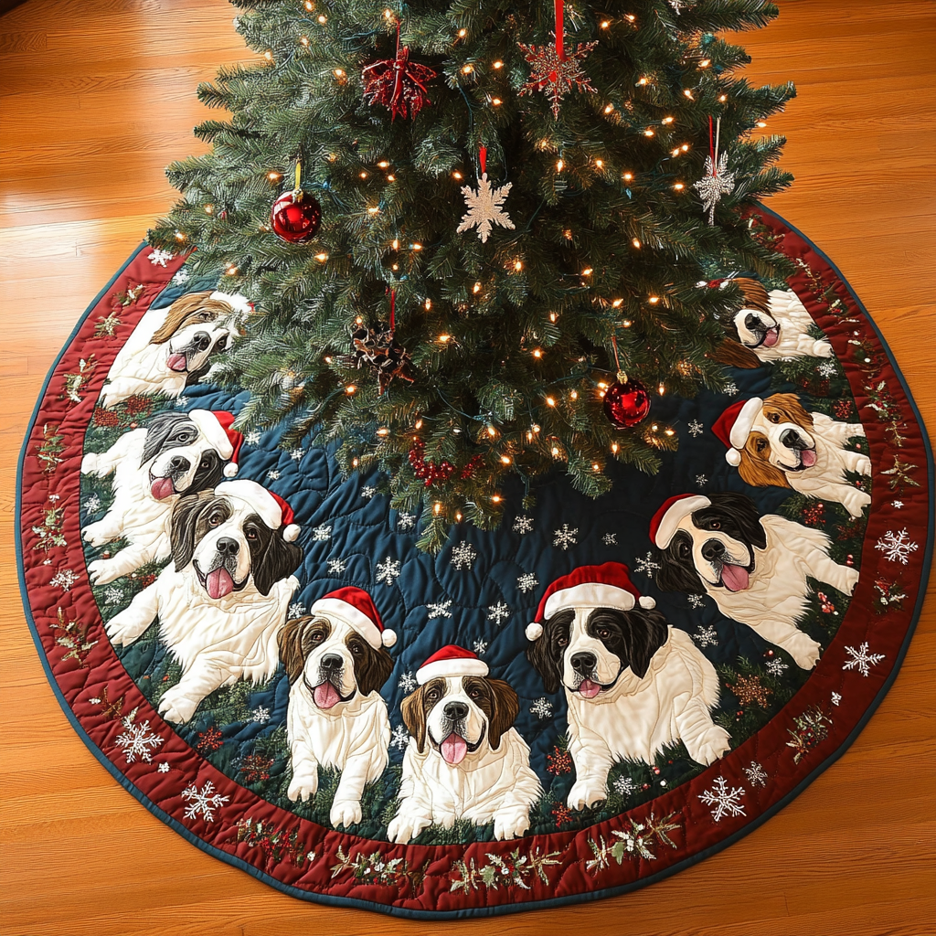 Saint Bernard Holiday Joy Christmas Quilted Tree Skirt VTQ-Myprintsy