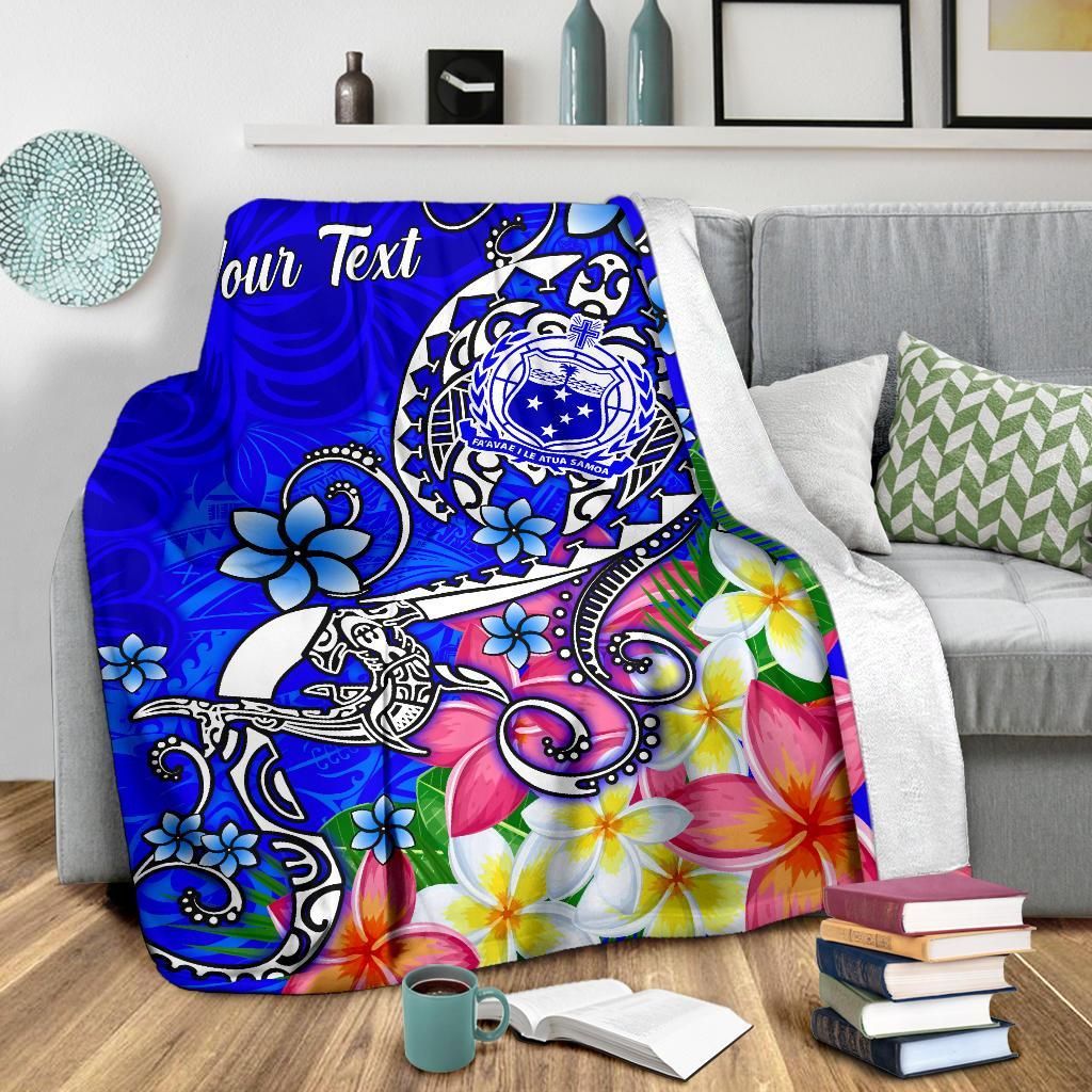 Samoa Custom Personalised Premium Blanket - Turtle Plumeria (Blue)-Myprintsy
