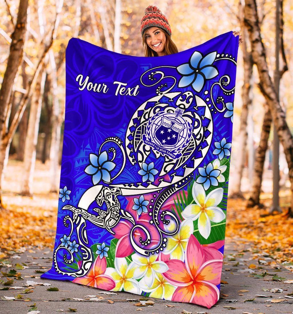 Samoa Custom Personalised Premium Blanket - Turtle Plumeria (Blue)-Myprintsy