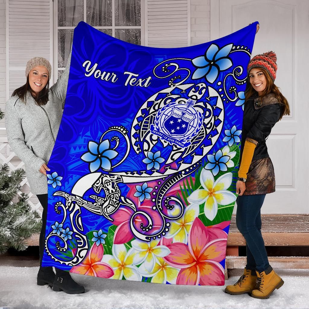Samoa Custom Personalised Premium Blanket - Turtle Plumeria (Blue)-Myprintsy