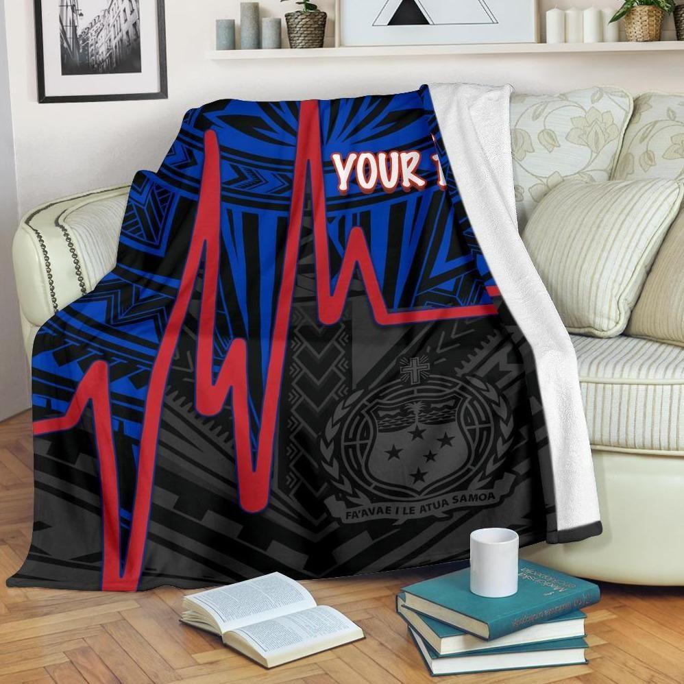 Samoa Personalised Premium Blanket - Samoa Seal With Polynesian Patterns In Heartbeat Style (Blue)-Myprintsy
