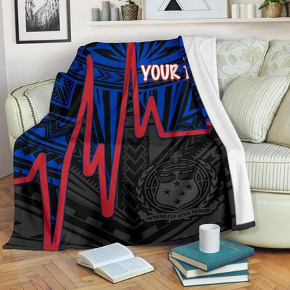 Samoa Personalised Premium Blanket - Samoa Seal With Polynesian Patterns In Heartbeat Style (Blue)-Myprintsy