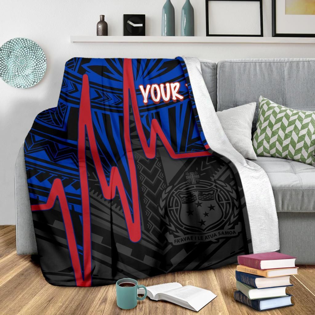Samoa Personalised Premium Blanket - Samoa Seal With Polynesian Patterns In Heartbeat Style (Blue)-Myprintsy
