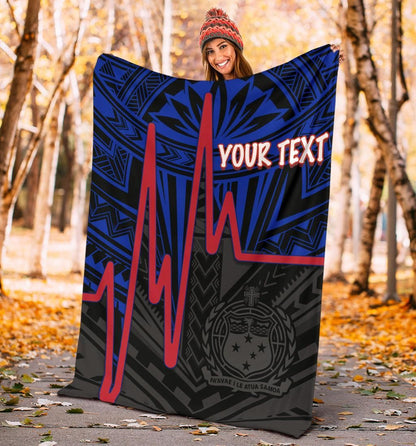 Samoa Personalised Premium Blanket - Samoa Seal With Polynesian Patterns In Heartbeat Style (Blue)-Myprintsy