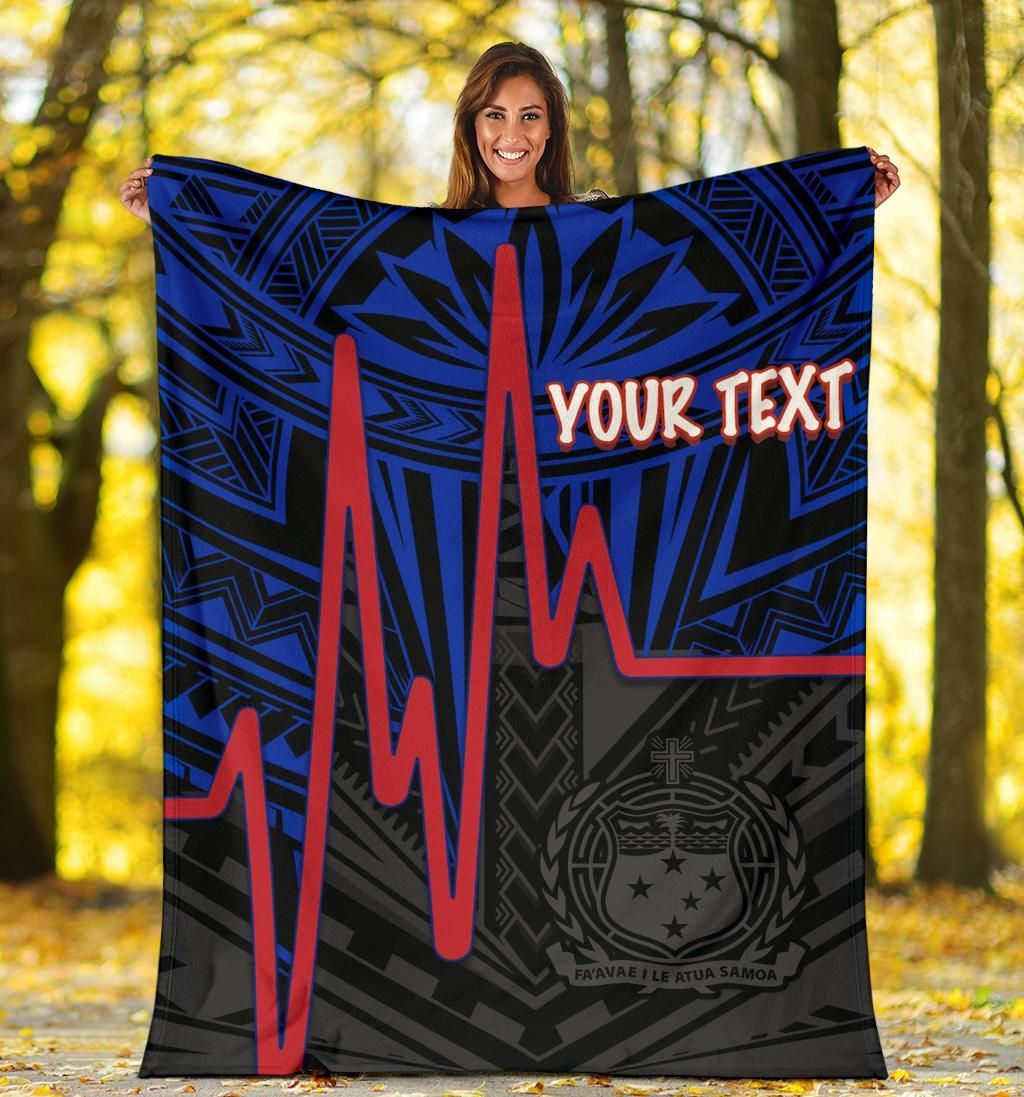 Samoa Personalised Premium Blanket - Samoa Seal With Polynesian Patterns In Heartbeat Style (Blue)-Myprintsy