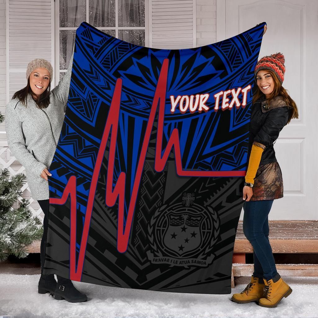 Samoa Personalised Premium Blanket - Samoa Seal With Polynesian Patterns In Heartbeat Style (Blue)-Myprintsy