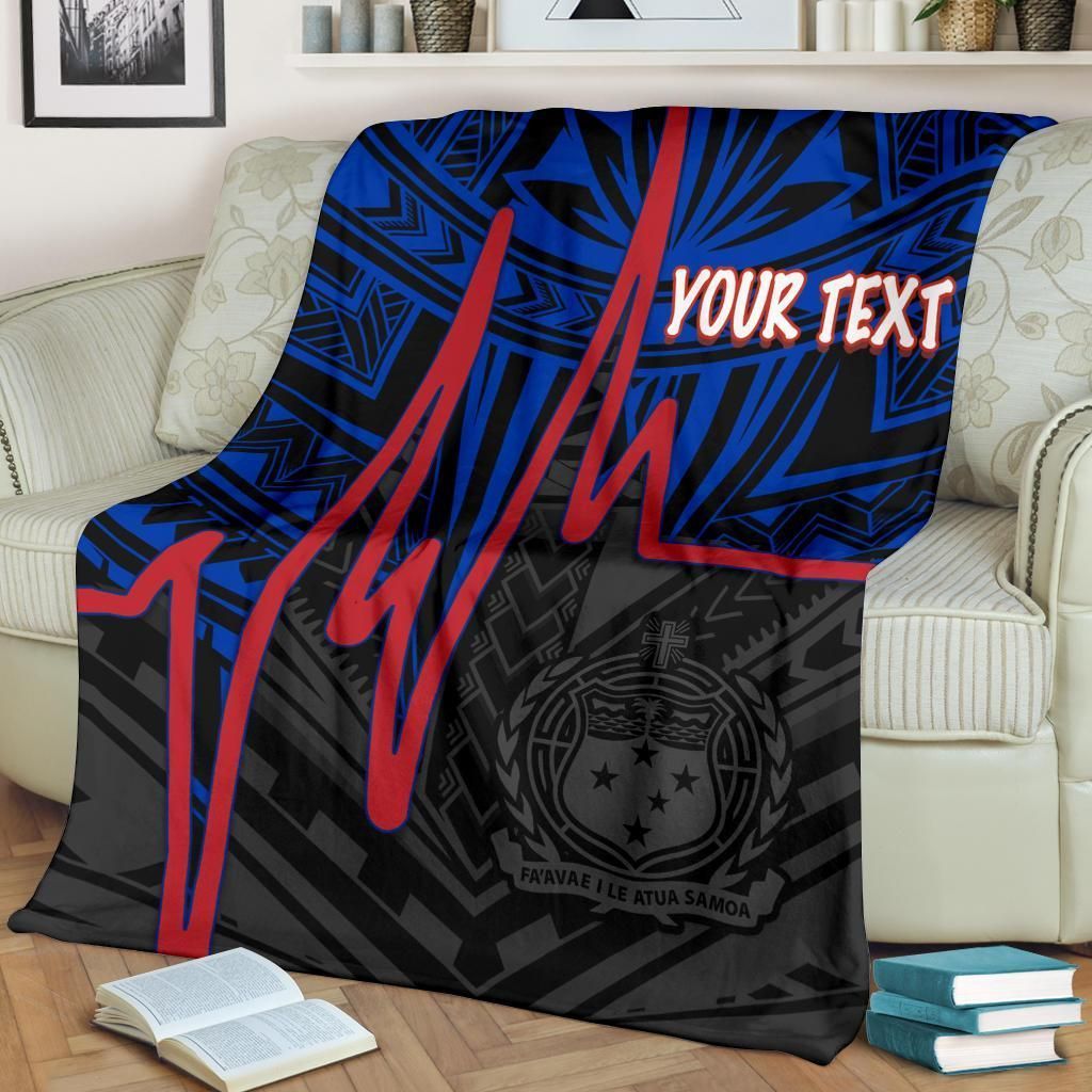 Samoa Personalised Premium Blanket - Samoa Seal With Polynesian Patterns In Heartbeat Style (Blue)-Myprintsy