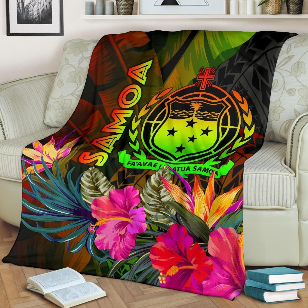 Samoa Polynesian Premium Blanket - Hibiscus and Banana Leaves-Myprintsy