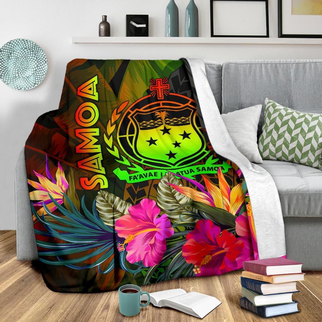 Samoa Polynesian Premium Blanket - Hibiscus and Banana Leaves-Myprintsy