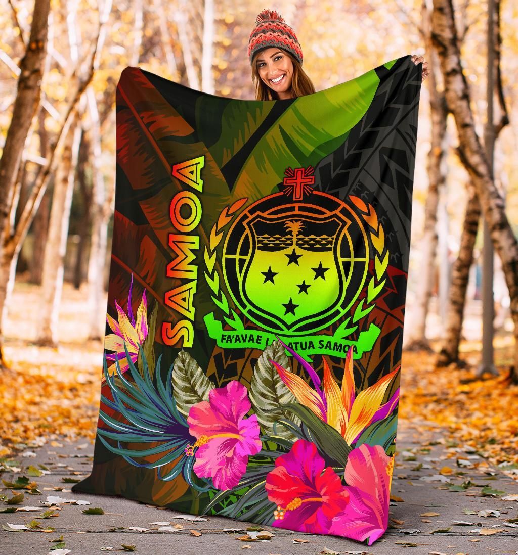 Samoa Polynesian Premium Blanket - Hibiscus and Banana Leaves-Myprintsy