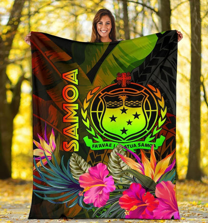 Samoa Polynesian Premium Blanket - Hibiscus and Banana Leaves-Myprintsy