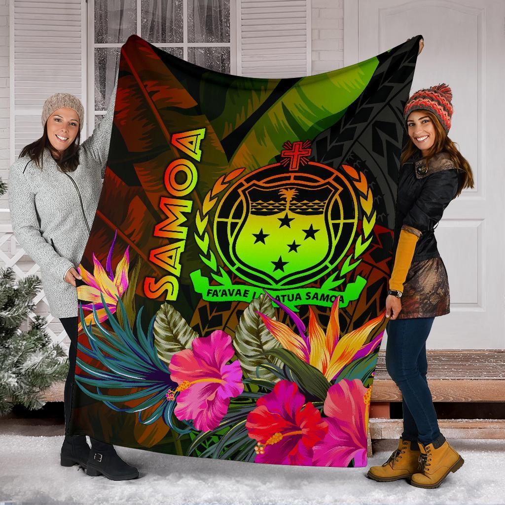 Samoa Polynesian Premium Blanket - Hibiscus and Banana Leaves-Myprintsy