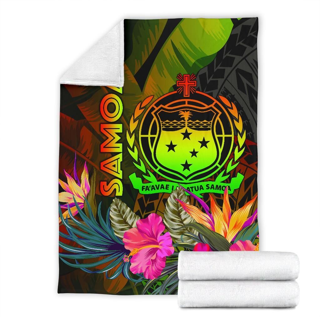 Samoa Polynesian Premium Blanket - Hibiscus and Banana Leaves-Myprintsy