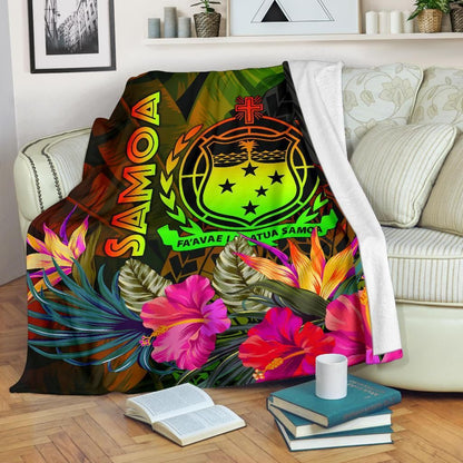 Samoa Polynesian Premium Blanket - Hibiscus and Banana Leaves-Myprintsy