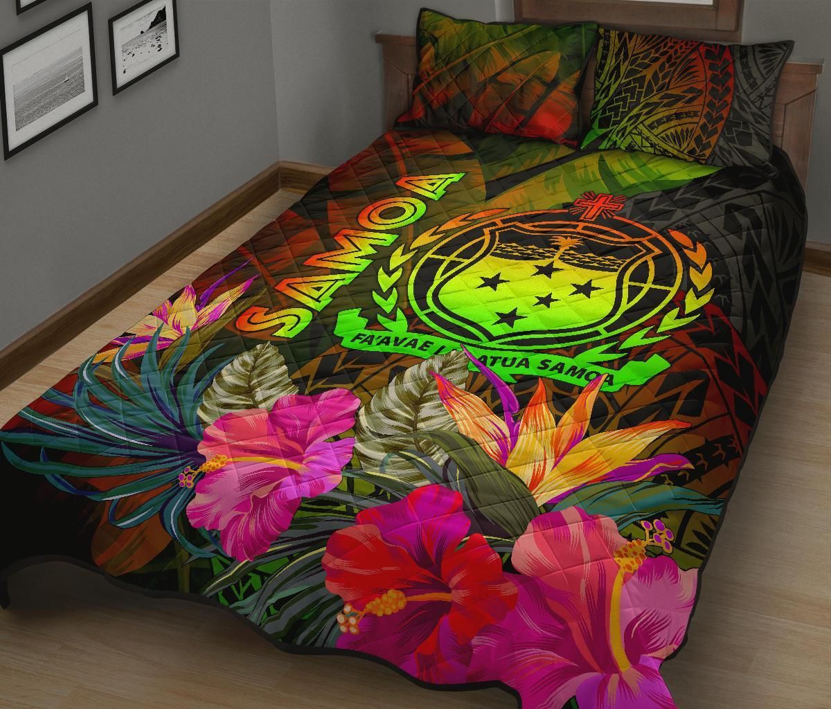 Samoa Polynesian Quilt Bed Set - Hibiscus and Banana Leaves
