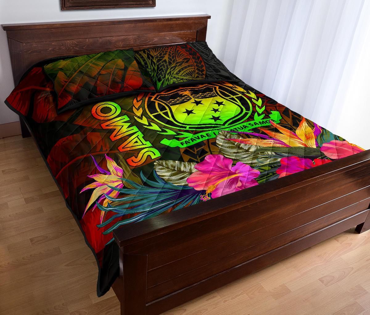 Samoa Polynesian Quilt Bed Set - Hibiscus and Banana Leaves