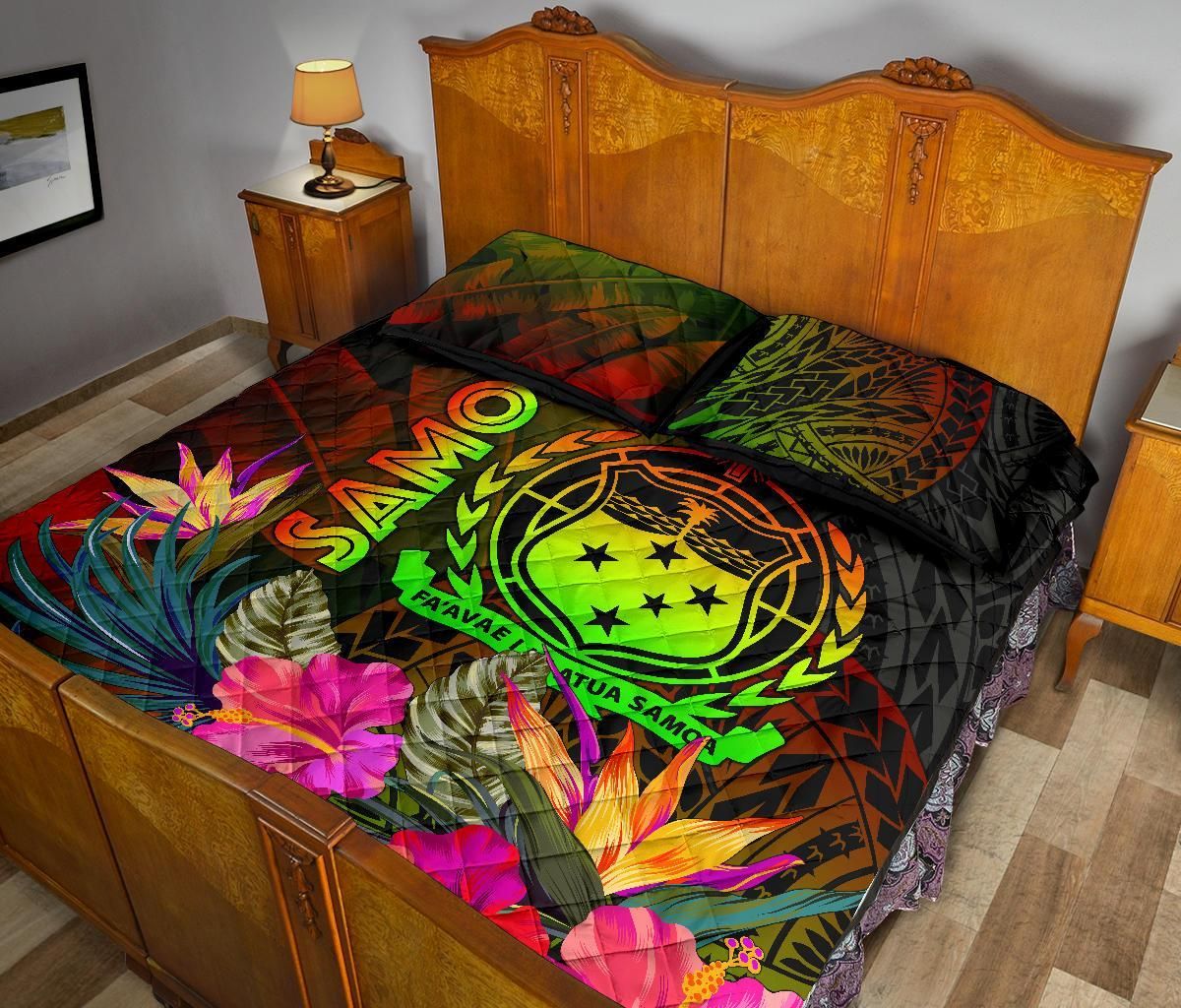 Samoa Polynesian Quilt Bed Set - Hibiscus and Banana Leaves