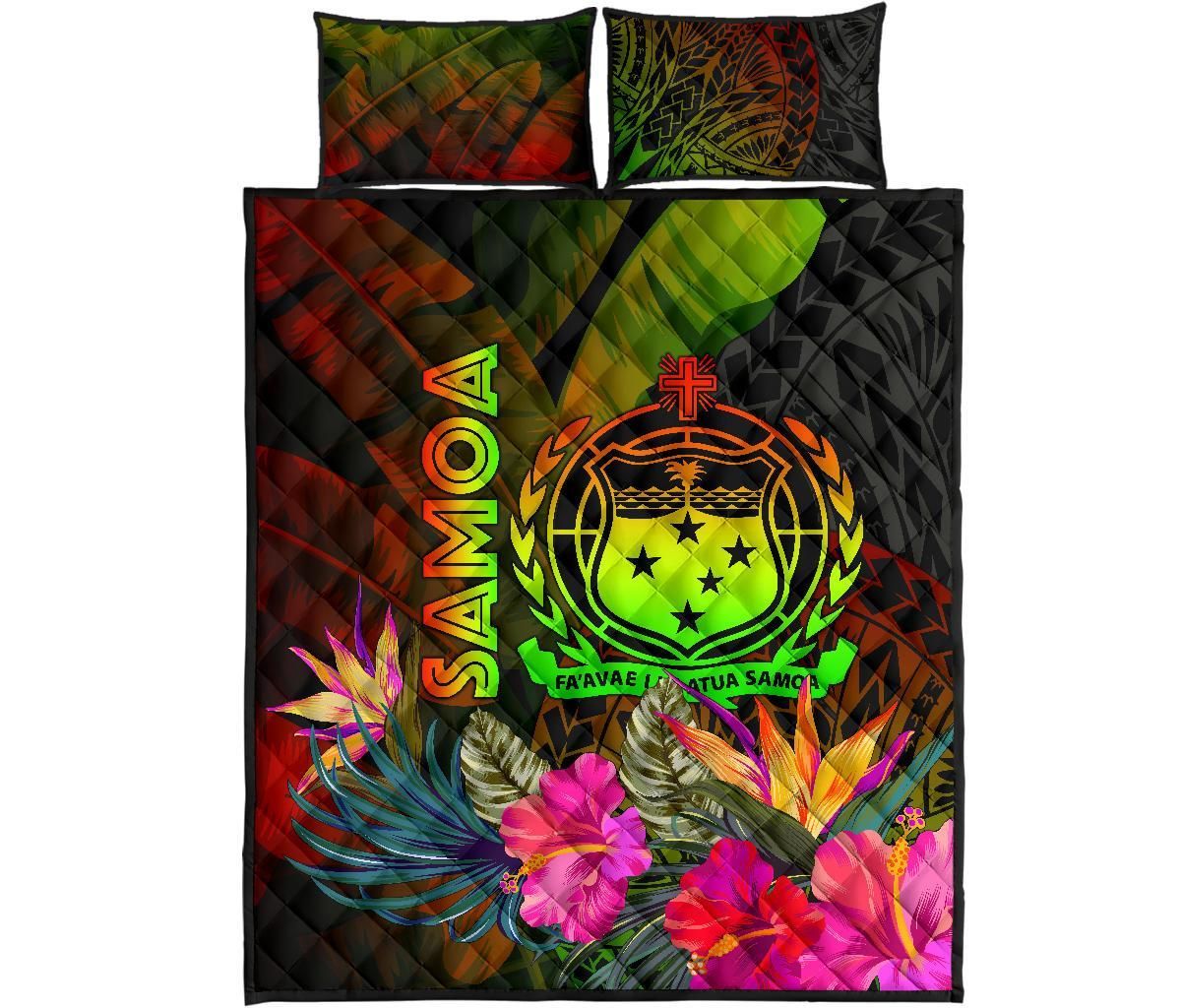 Samoa Polynesian Quilt Bed Set - Hibiscus and Banana Leaves