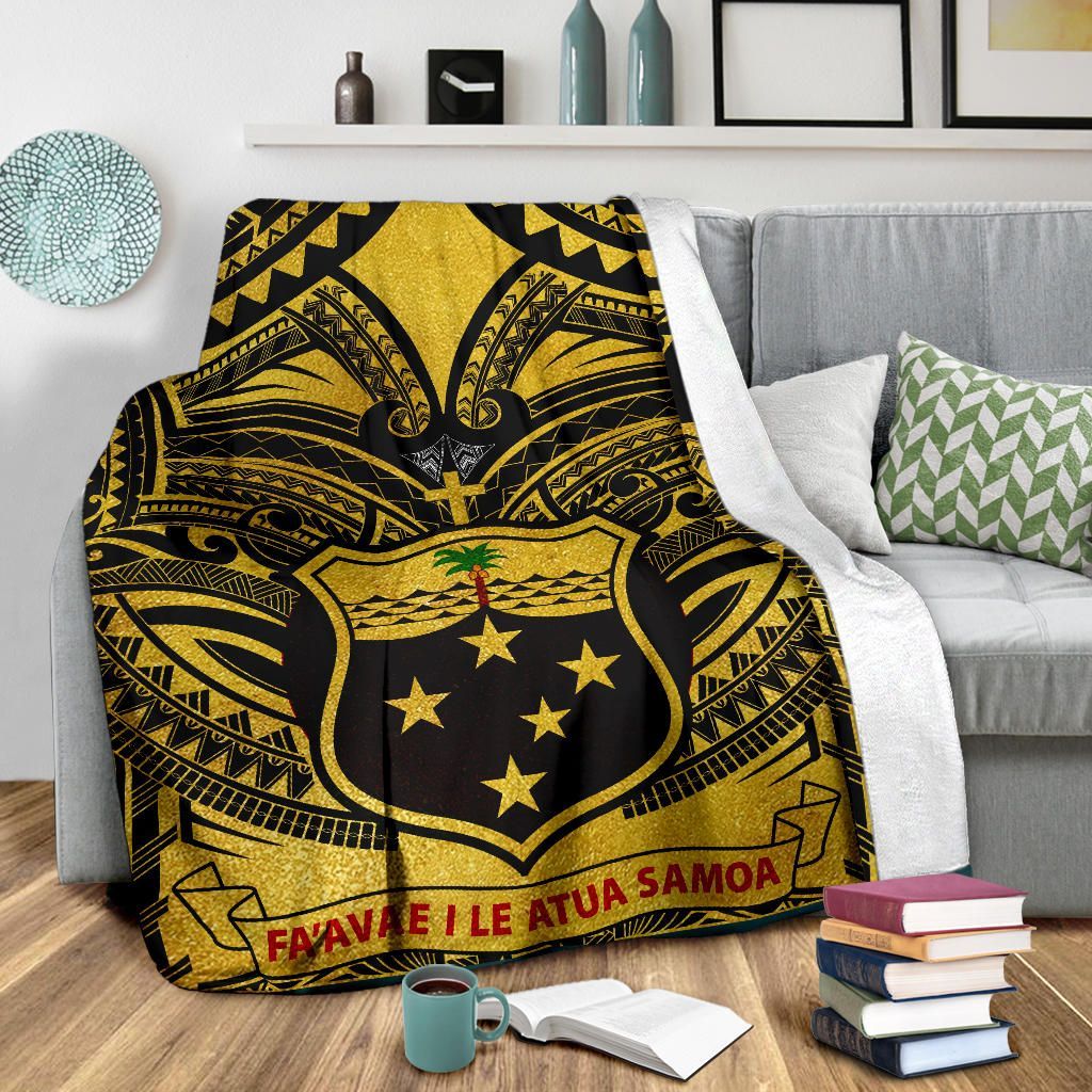 Samoa Premium Blanket - Samoa Coat Of Arm, Polynesian Tattoo Golden-Myprintsy