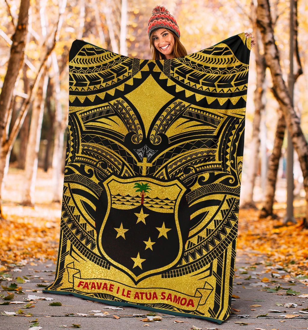Samoa Premium Blanket - Samoa Coat Of Arm, Polynesian Tattoo Golden-Myprintsy