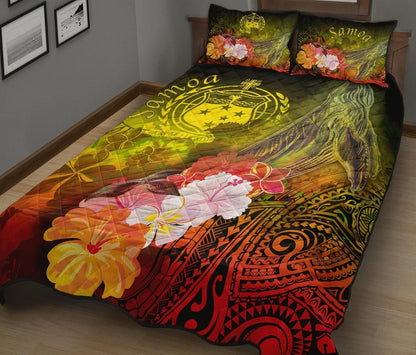 Samoa Quilt Bed Set- Humpback Whale with Tropical Flowers (Yellow)-Myprintsy