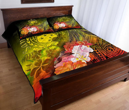 Samoa Quilt Bed Set- Humpback Whale with Tropical Flowers (Yellow)-Myprintsy